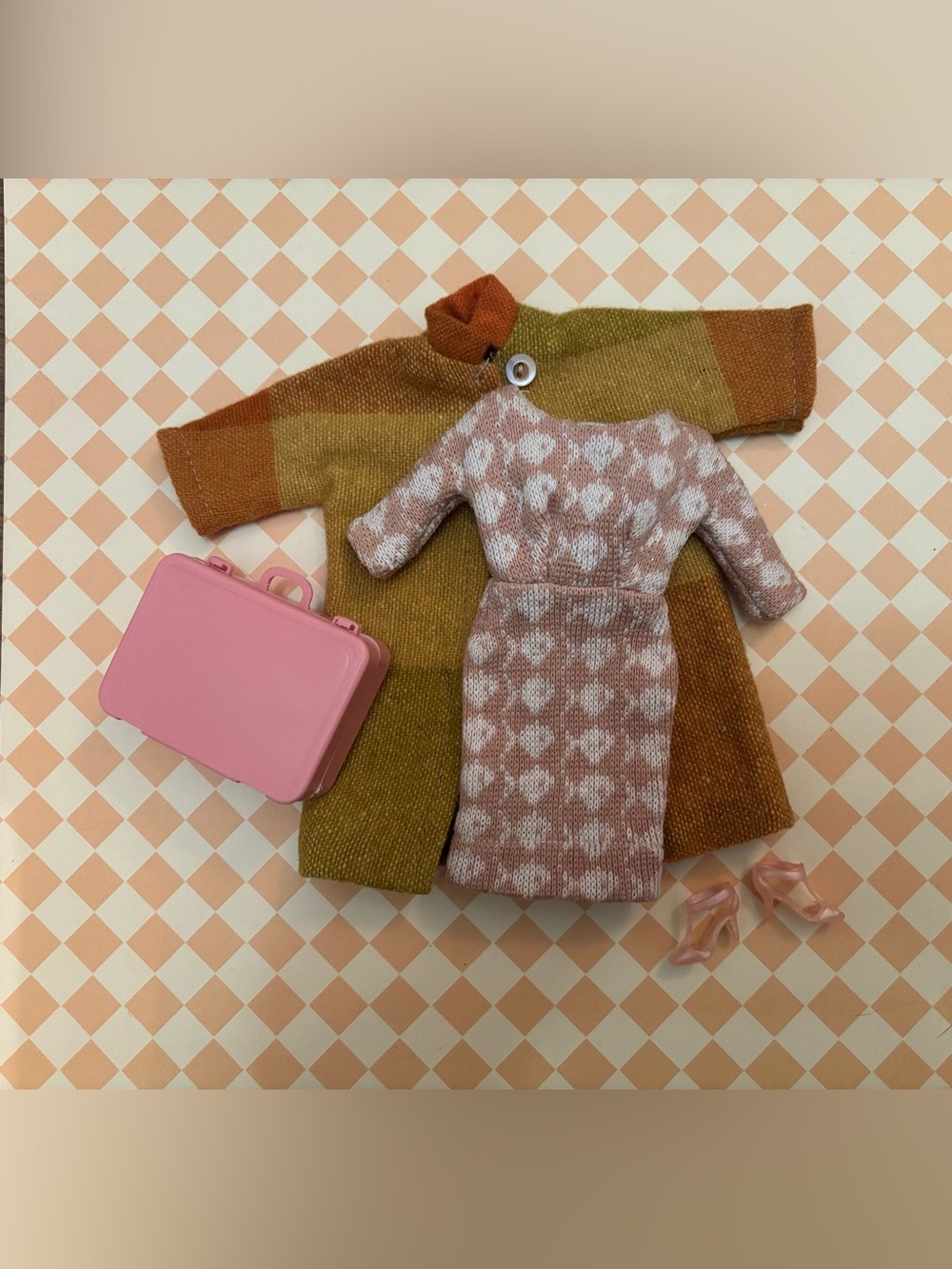 Vintage Knit MOD Barbie doll Sweater Dress, Wool Coat & Accessories